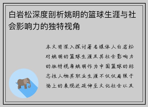 白岩松深度剖析姚明的篮球生涯与社会影响力的独特视角